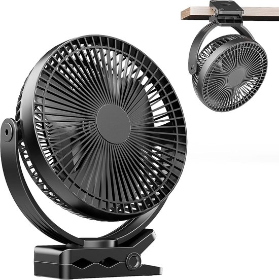 USB oplaadbare ventilator 8 inch, draagbaar met clip, 4 snelheden, 720° rotatie, 10000 mAh batterij, stil