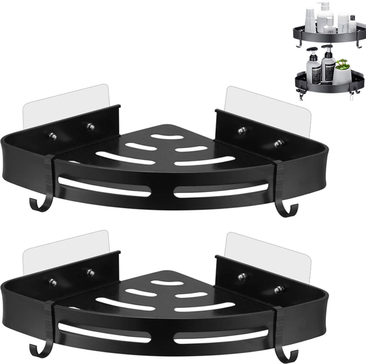 2 stuks Hoekrek - Douche hoekrek - Badkamer opbergrek - Wandrekje badkamer - RVS doucherek zonder boren - 29,5 x 22 cm - Geschikt voor Badkamer en Keuken - met 4 haakjes voor accessoires - Zwart