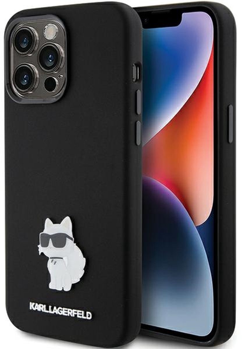Karl - Lagerfeld - Siliconen Choupette Metal Pin hoesje voor iPhone - 15 - Pro - Max - zwart