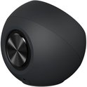 Zwarte ronde speaker met aan de zijkant een metalen speakergrill.