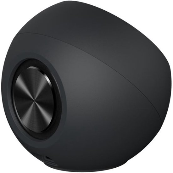 Zwarte ronde speaker met aan de zijkant een metalen speakergrill.