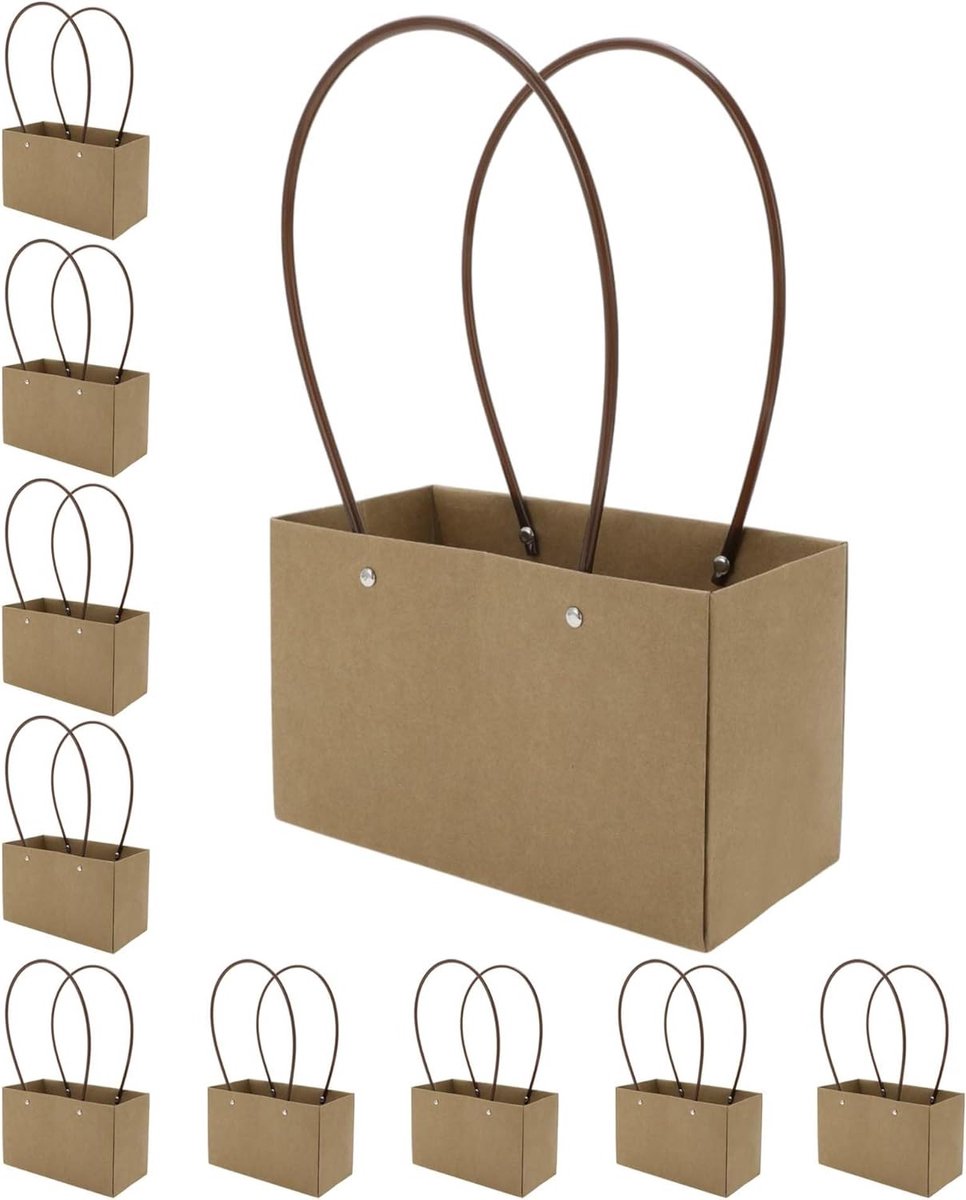 10 Stuks Bloemenzakken met Handvat voor Bloemist, Geschenken en Bruiloften - Geelbruin, 22 x 11 x 13,5 cm, Perfect voor Verjaardag en Moederdag