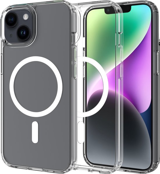Transparant hoesje met MagSafe-ring voor iPhone 14, getoond met en zonder telefoon.