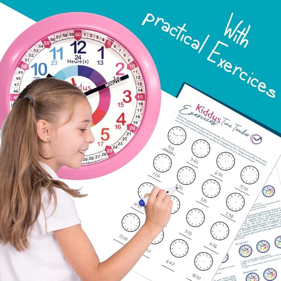 Wandklok Kinderen - Klok Leren Tijd - Tijd Leren - Geluidloos Uurwerk - 21 cm - Roze — afbeelding 3