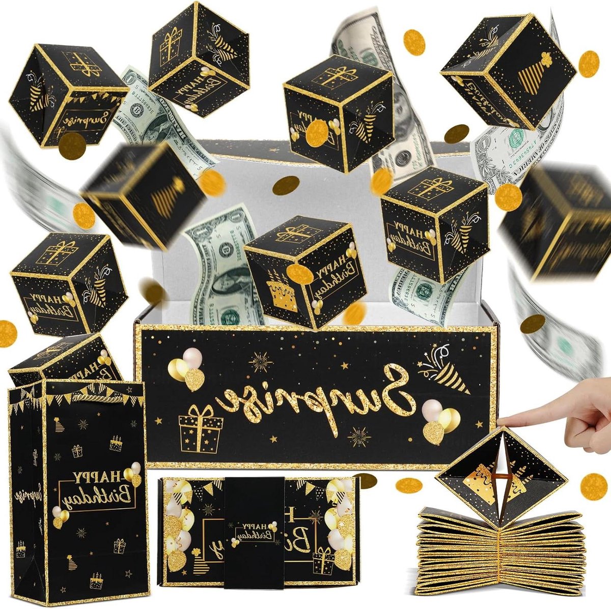 Verjaardagsverrassingsgeschenkdoos - Explosie geld Pop-up doos - Verrassing geven - 12 opvouwbare dozen - 15 stuks - Zwart Goud