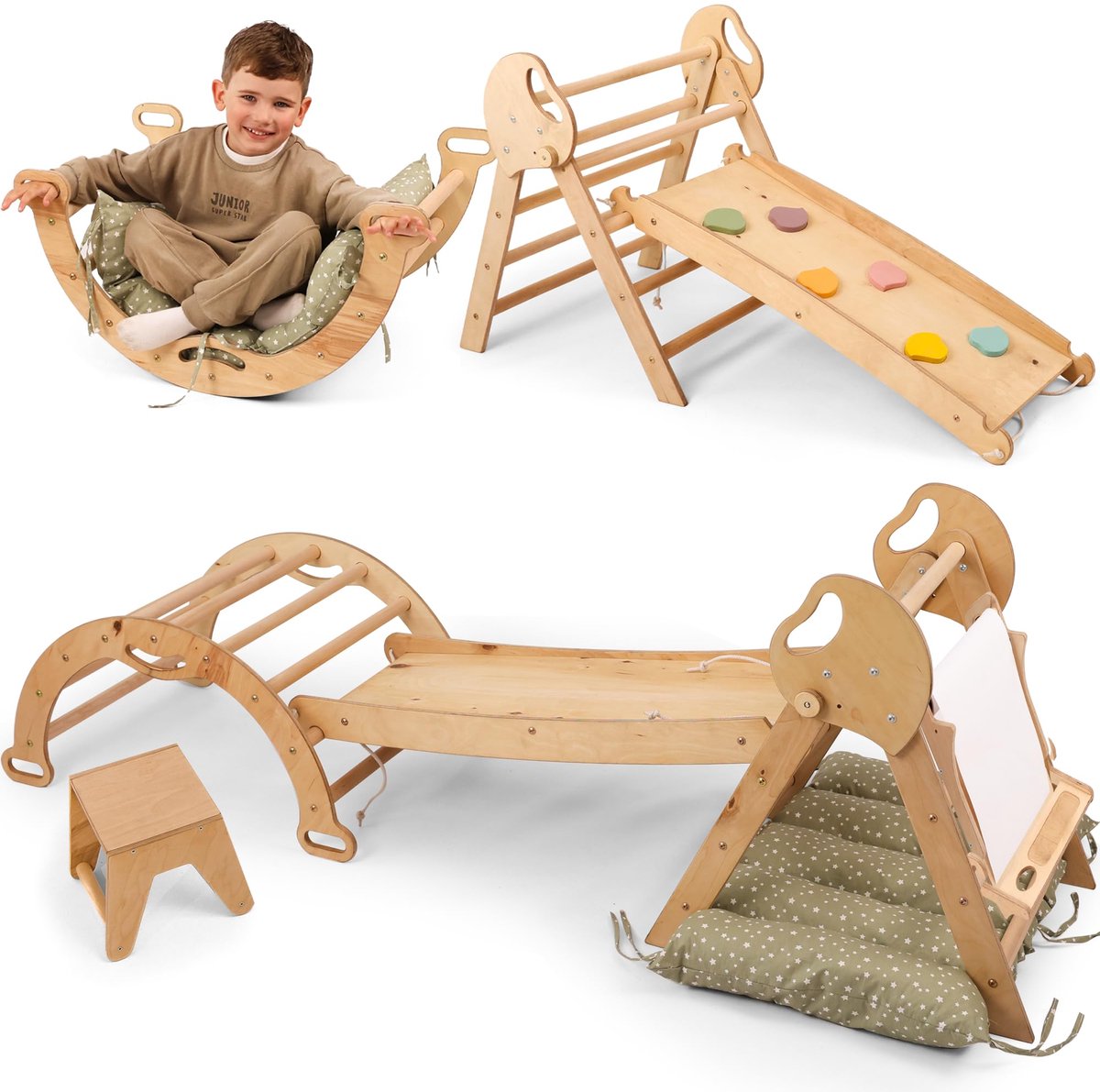 Goodevas 5-in-1 Houten Binnenspeeltoestel met Glijbaan – Montessori Klimdriehoek voor Kinderen vanaf 1 Jaar, Binnenspeeltuin, Klim- en Kunstset voor Peuters
