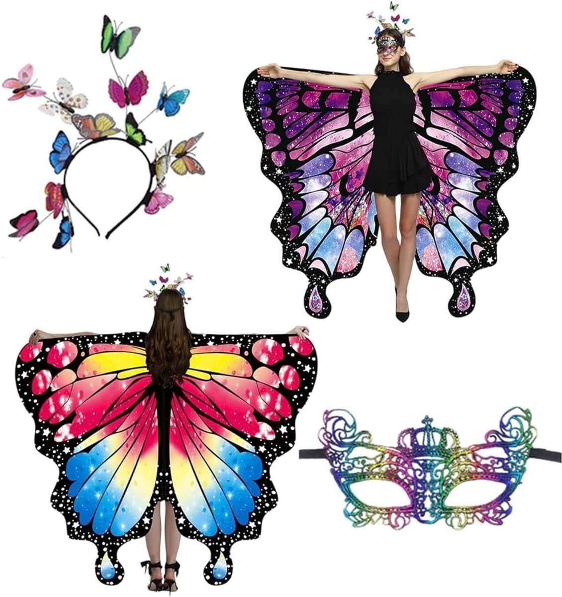 Vrouwelijk Vlinder Kostuum met Kanten Vleugels voor Volwassenen - 3-delige Set voor Carnaval en Cosplay