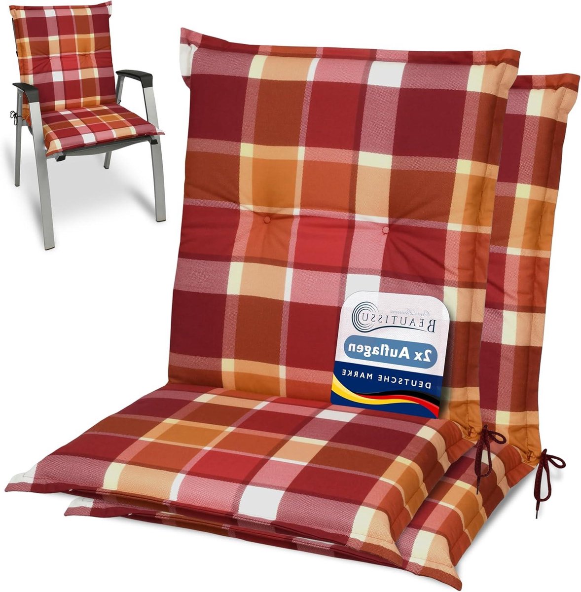 Tuinkussens Set - Stoelkussens Tuinstoel - Buiten Zitten - UV-lichtecht - 100 x 50 cm - Rood Geruit