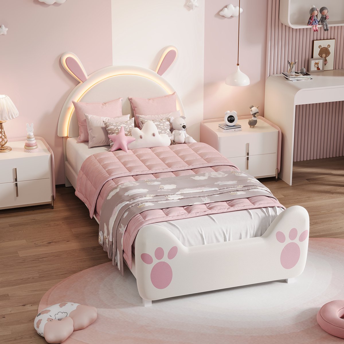 ROSAHQNDA Kinderbed 90x200cm met ledverlichting, hoofdeinde in de vorm van konijnenoren, schattig kinderbed, voor kinderen of tieners, fluweel Wit