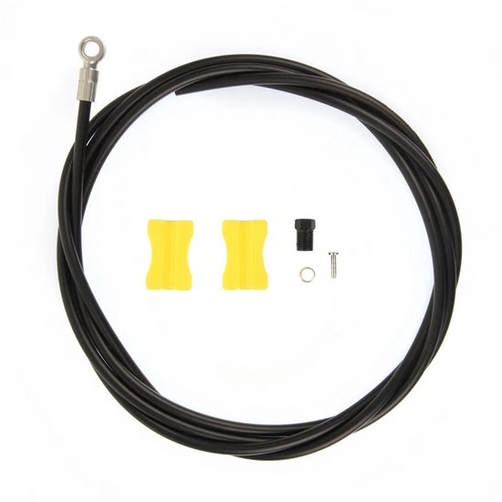 Zwarte Shimano remkabelset met twee gele kabelverdelers, een schroef, een ring en een pin.