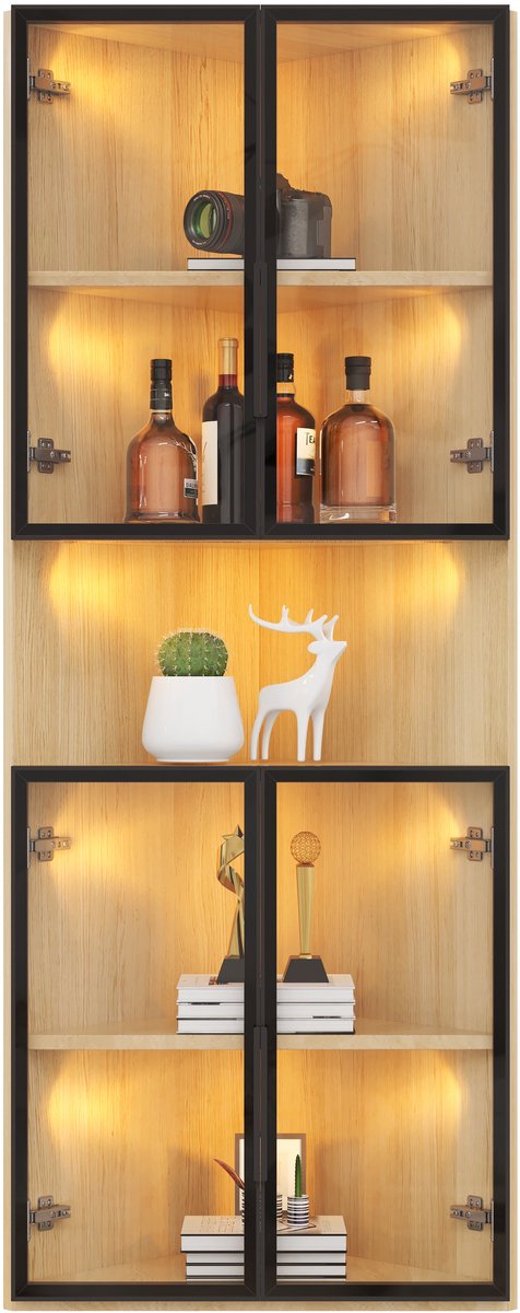 Merax Hoekkast met Glasdeuren en Verlichting - Vitrinekast met Legplanken en Deur - Opbergkast met Verlichting - Eikenkleur 62x32x160 cm