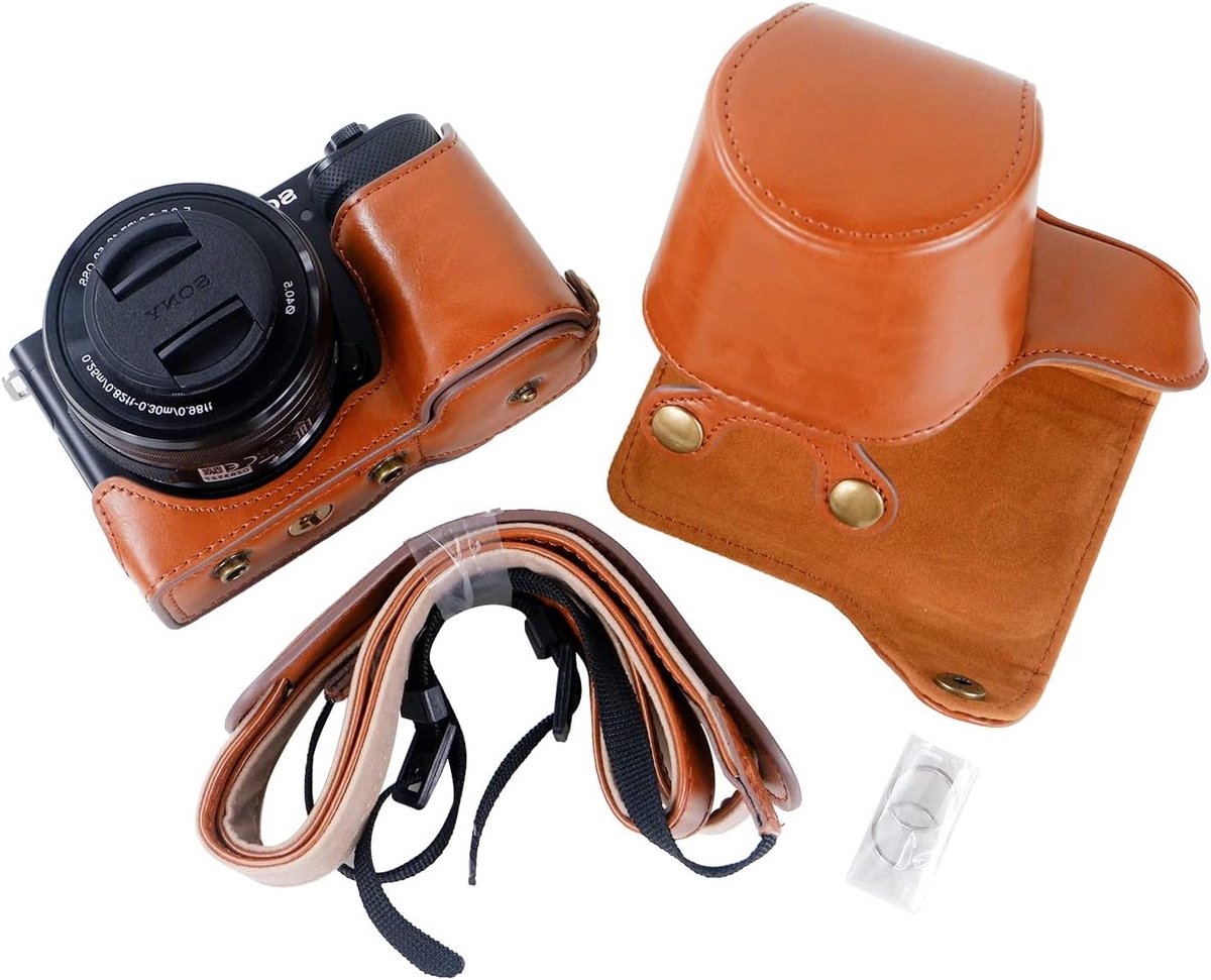 Hoogwaardige PU Leren Case voor Sony ZV-E10 - Beschermende Grip Cover met Strap, Bruin, Ideaal voor Reis en Fotografie