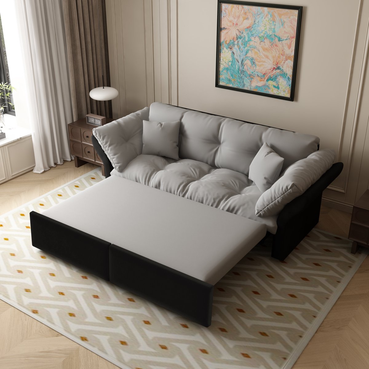 MODFU - Slaapbank - 3-in-1 Uitschuifbaar - Met Capitonnering - Modern - Voor Woonkamer Of Slaapkamer - Velours - Lichtgrijs - 190 x 85 x 91 cm