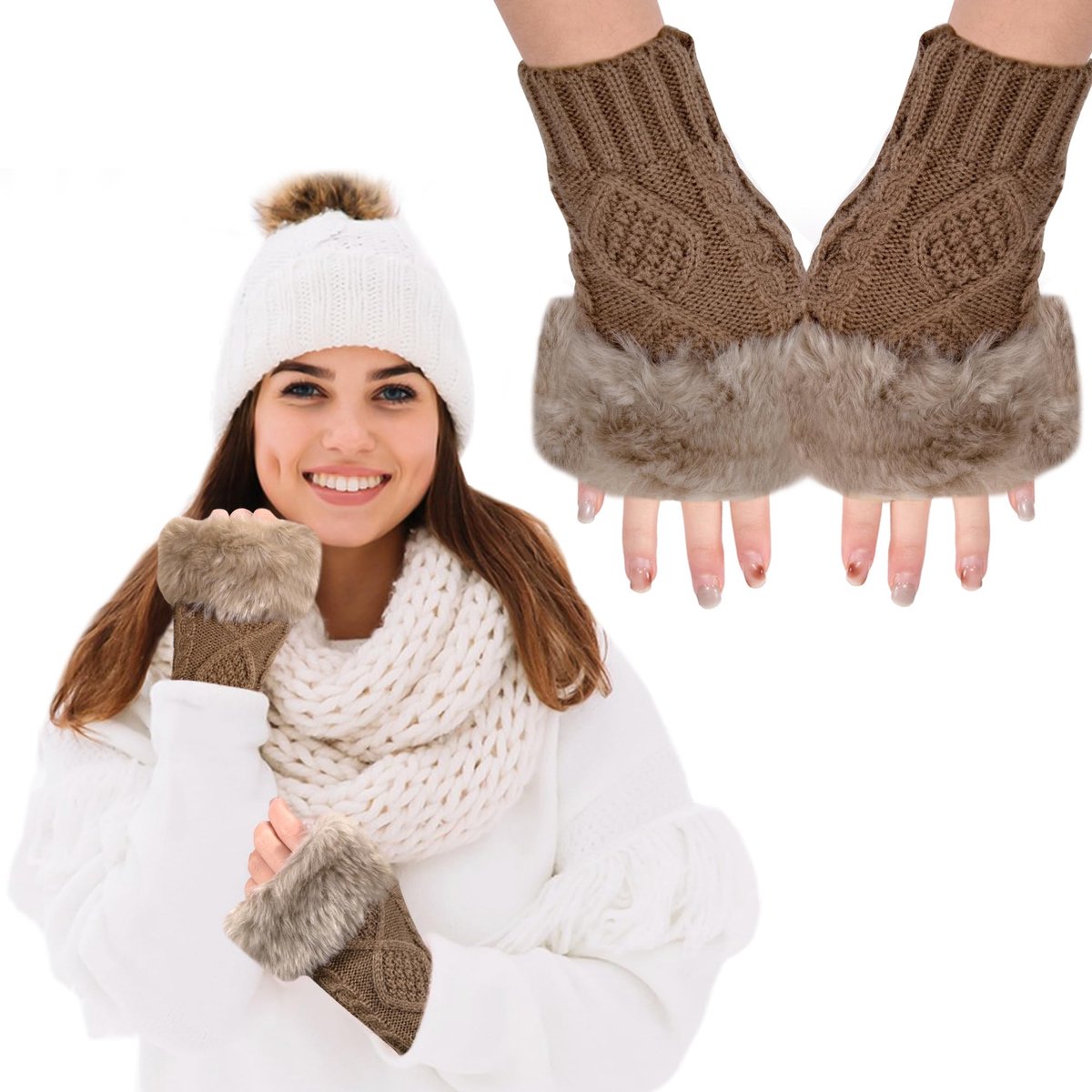 Dailygoods - Dailygoody - Halve vingerloze handschoenen - Gebreide handschoenen - Warm en comfortabel - Kaki - Dames en meisjes - Ideaal voor koud weer - M