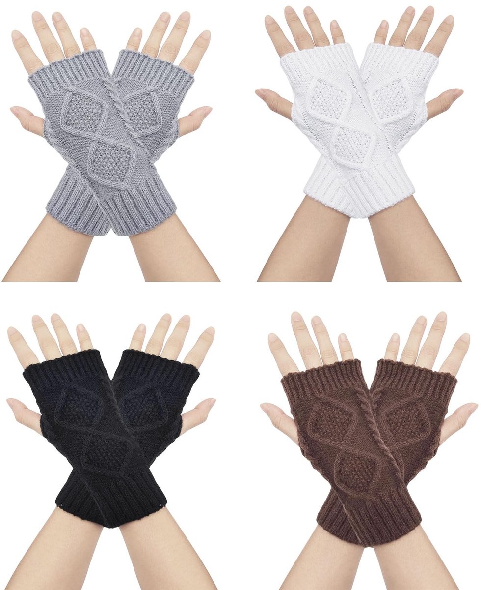 Dailygoods - 4 Paar Gebreide Handschoenen zonder Vingers voor Dames in Diverse Kleuren