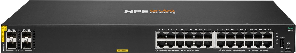 HPE Aruba Networking CX 6000 24p 10M/100M/1G Class4 PoE 4p SFP 1G 370W Switch Managed L3 Gigabit Ethernet (10/100/1000) Power over Ethernet (PoE) 1U