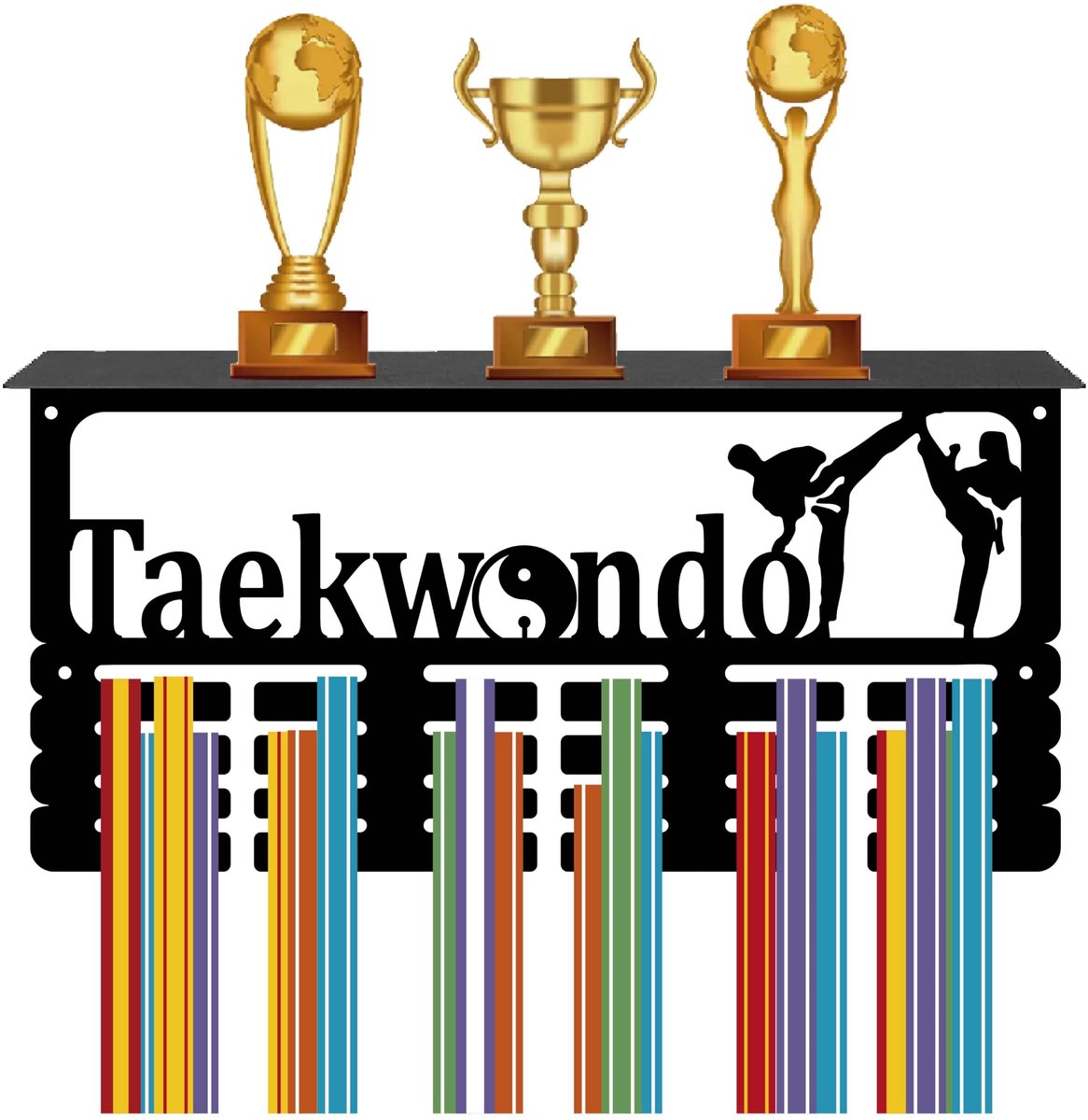 Dailygoods - Dailygoody - Taekwondo Medaillehouder - Medaillehanger voor Sporters - Display met Plankstandaard - 4 Rijen - Wandhouder - Perfect voor Gym...
