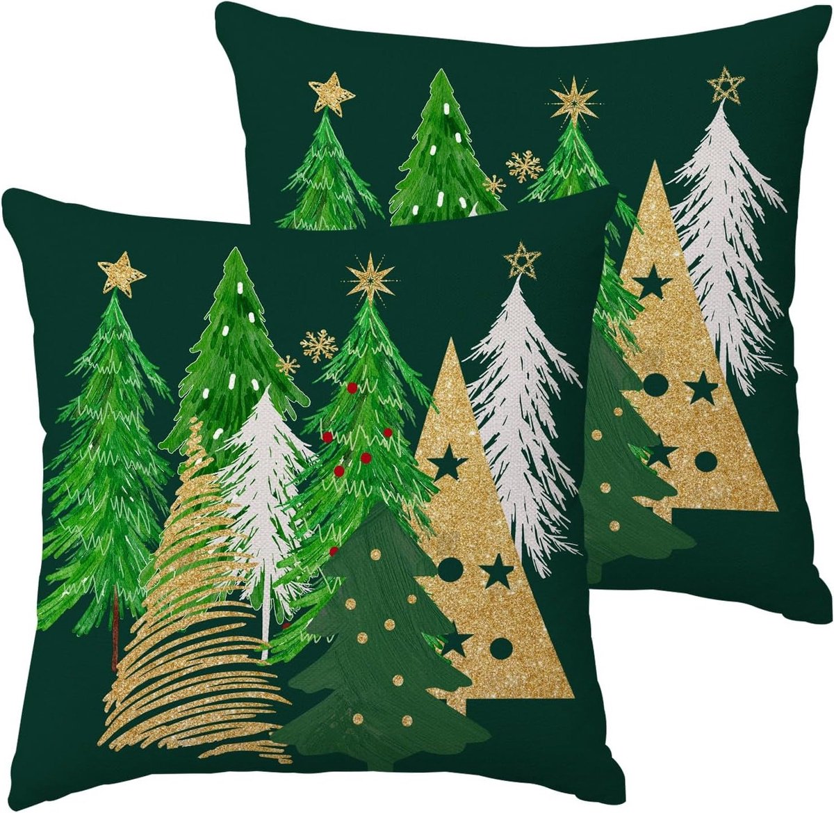 Kerst Kussenhoezen 40 x 40 cm Set van 2 Groene Kussenhoezen met Kerstboom voor Winterse Decoratie in Huis en op de Bank