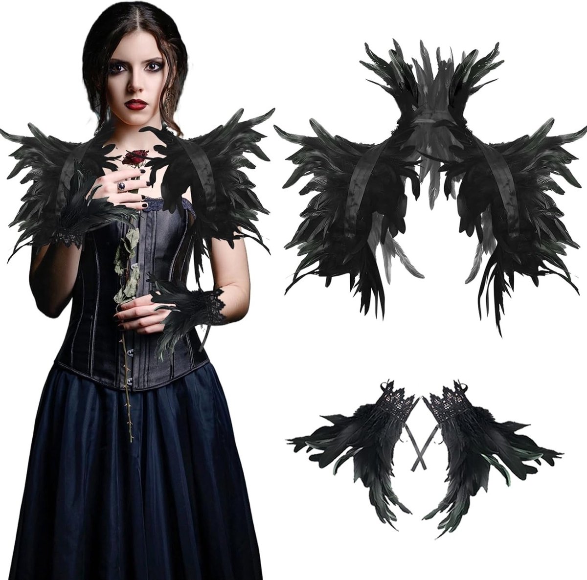 Gothic Kostuum met Zwarte Veer Kraag en Veer Manchet voor Cosplay en Carnaval Feestjes