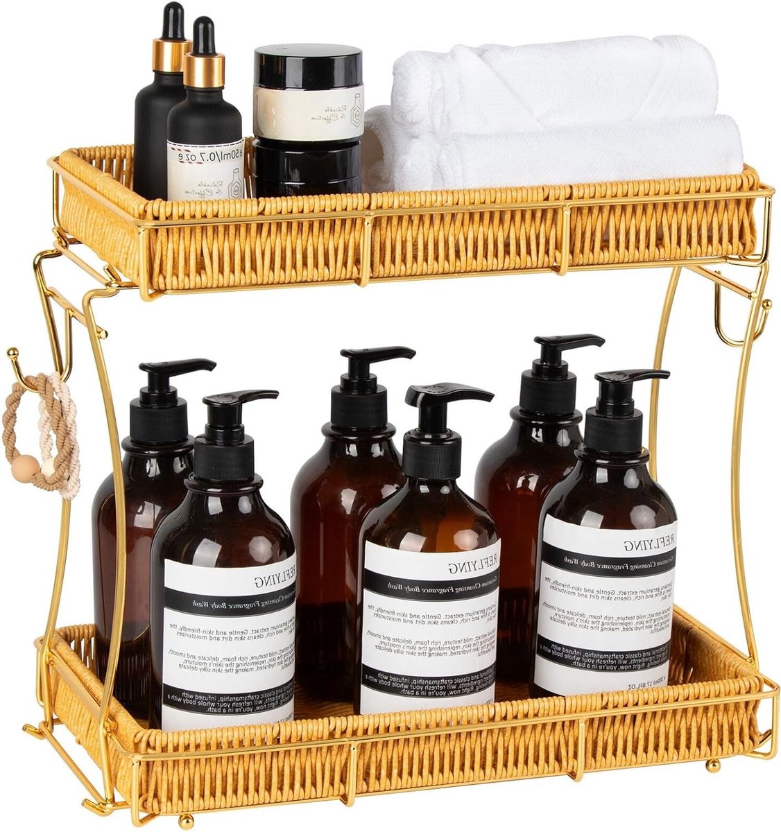 Badkamer Organizer met 2 Niveaus, Verwijderbare Make-up en Parfum Organizer, Rieten Stijl voor Dressing Table, Badkamer of Slaapkamer Opslag, Decoratieve Oplossing voor Thuis