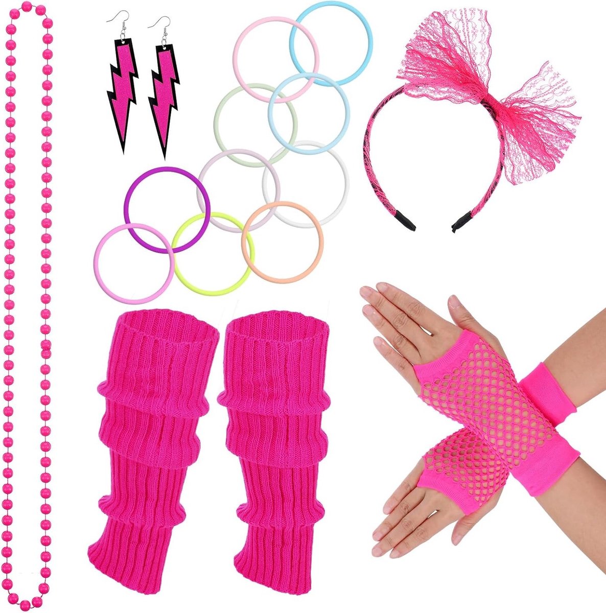 80s Fancy Dress Kostuum Accessoires voor Vrouwen - Hoofdband, Oorringen, Visnet Handschoenen, Ketting, Armband en Beenwarmers voor Feestoutfits