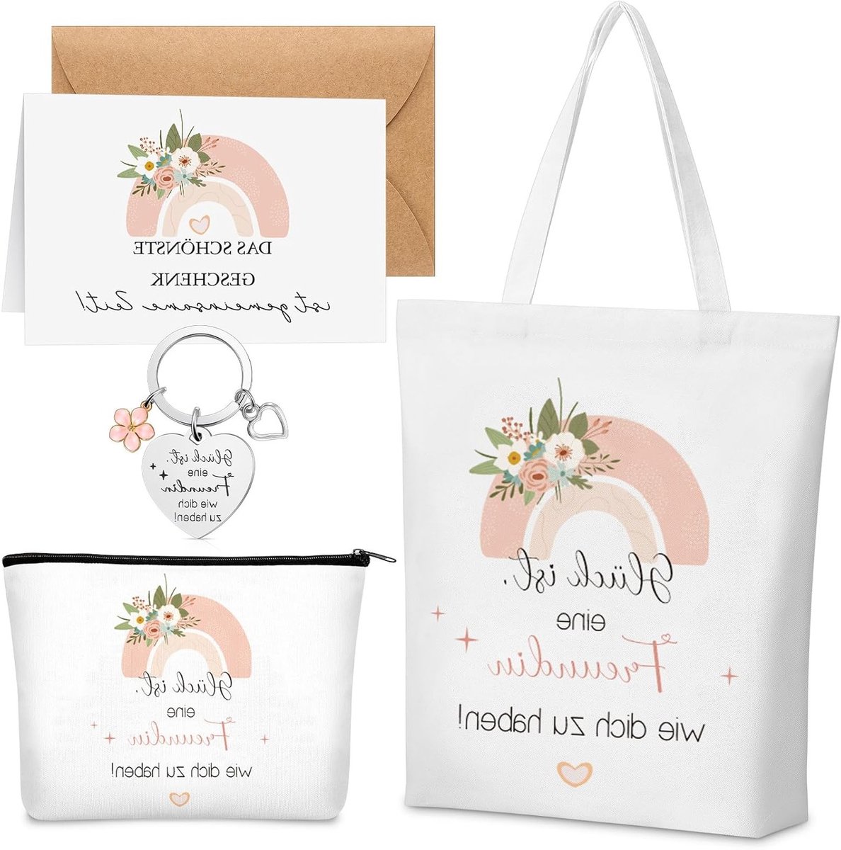 Cadeaus voor Vriendin: Katoenen Tas, Sleutelhanger, Cosmetica Tas en Wenskaart voor Verjaardag en Kerst