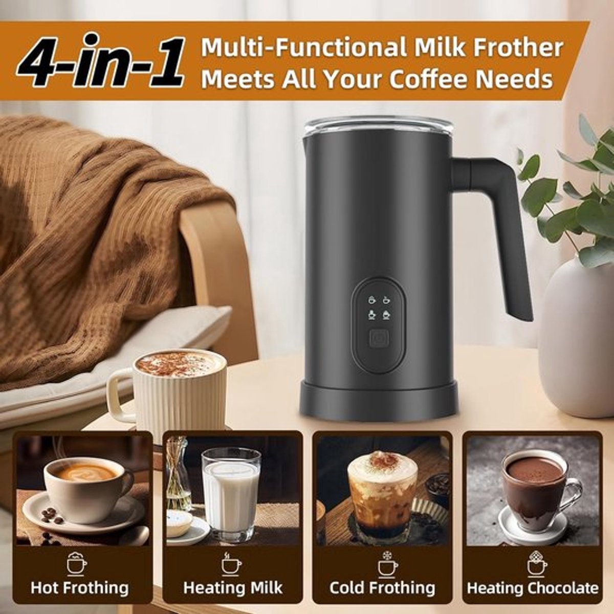 Melkschuimer, 4-in-1 elektrische melkschuimer, 350 ml automatische melkschuimer en melkverwarmer voor warme en koude melk, geschikt voor lattes, cappuccino's, macchiato's, warme chocolademelk, enz., wit. — cadeau in Kookcadeaus - foto 6