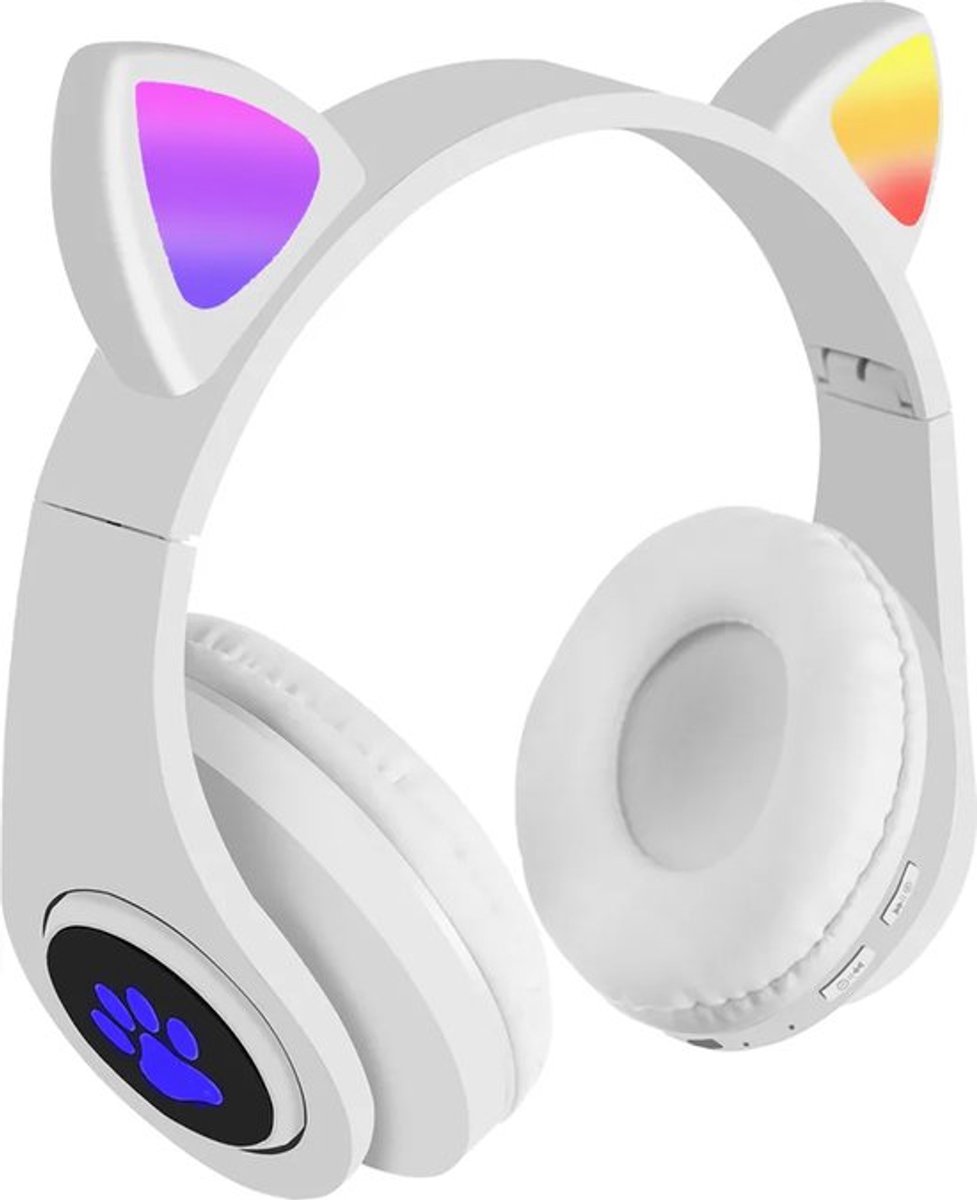 Draadloze Bluetooth-oortjes met een opvallend kattenoortjesdesign, stereo-koptelefoon met microfoon en verstelbare hoofdband, Geschikt voor desktops, laptops, tablets en smartphones. Kleur: Wit.