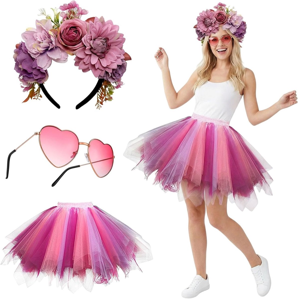 Kleurige Tulle Rok Carnaval Kostuum Set met Tutu, Bloemen Haarband en Hartvormige Zonnebril voor Vrouwen