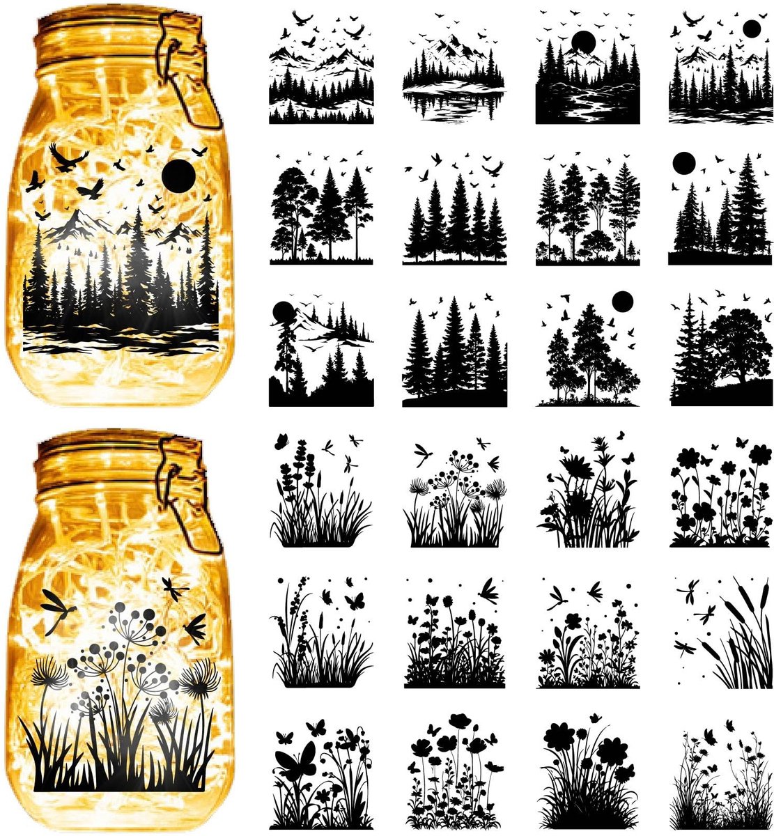 Dailygoods - Dailygoody - Bosplanten Silhouetten - Decoratieve Potstickers - Waterdicht PVC - Jungle Thema - Voor Wandramen en Lantaarnpotten - 24 Stuks