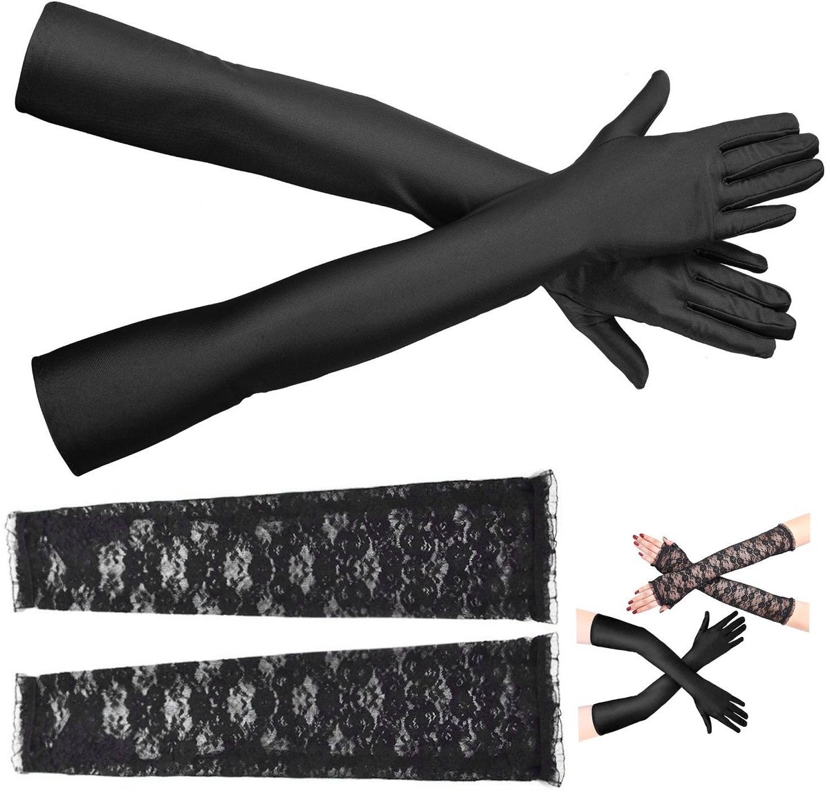 Dailygoods - Dailygoody - Zwarte Lange Handschoenen - Vingerloze Kanten Handschoenen - Bruids Elleboog Lengte - Rekbare Satijnen Handschoenen - Voor Bruiloft en Ba..