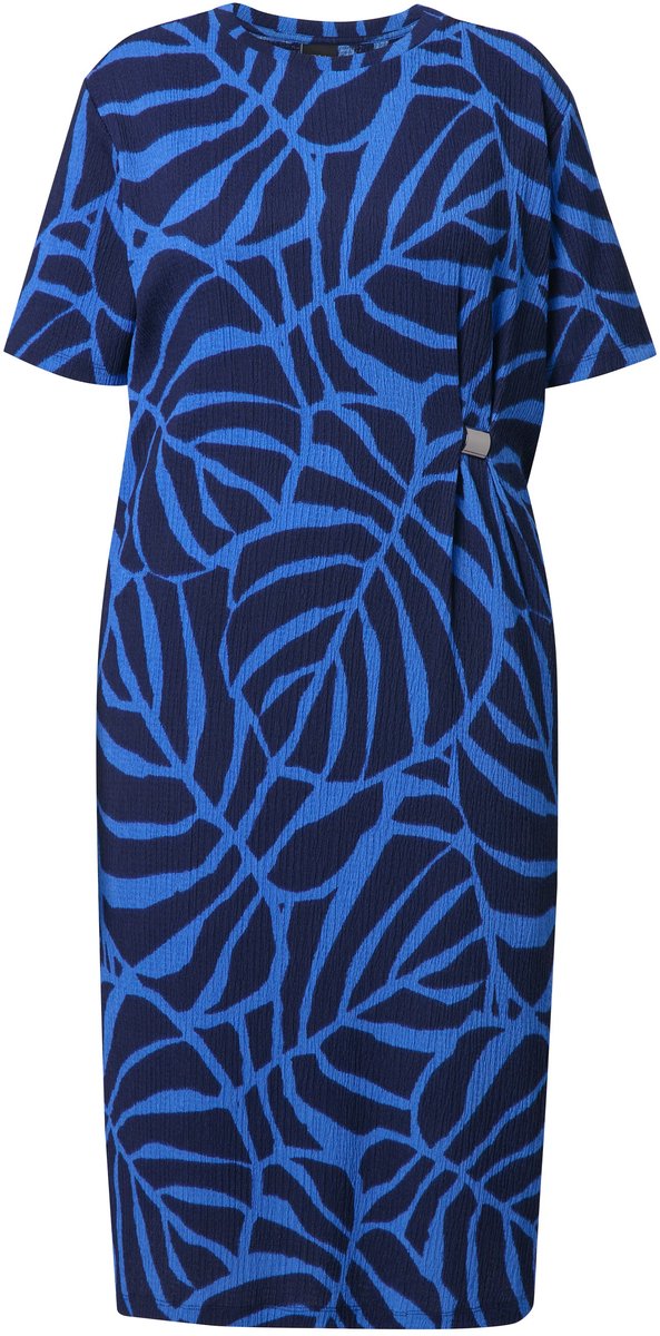 Ulla Popken Dames - Midi-jurk bladeren oversized ronde hals korte mouwen - Marine - Maat 58+