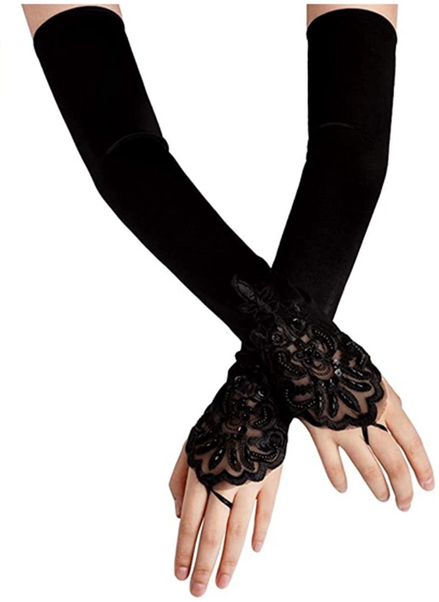 Dailygoods - Dailygoody - Lange operatiehandschoenen - Danshandschoenen - Perfect voor feesten - Zwart zonder vingers - Satijnen handschoenen - Geschikt voor vrouw...