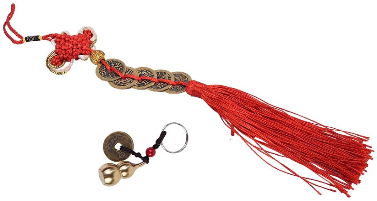 Dailygoods - Dailygoody - Feng Shui Geldsleutelhanger - Geluksmunt - Rijkdom en geluk - Beige - Chinese knoop - Voor veilig reizen en succes - CP094204