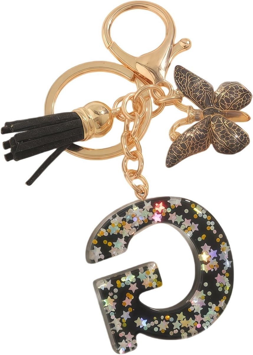 Gepersonaliseerde sleutelhanger met zwarte vlinder en kwast, unieke initialen als cadeau voor vrouwen, ideaal voor verjaardagen en speciale gelegenheden