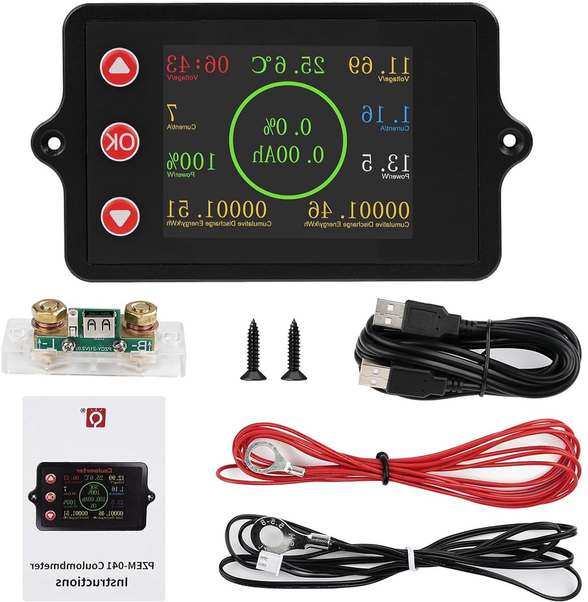 Multifunctionele Batterijmonitor met Kleuren Scherm voor DC8-100V - Huidige Voltage, Vermogen, Capaciteit en Oplaadcycli, Inclusief 100A Koper Shunt en 2M USB Kabel