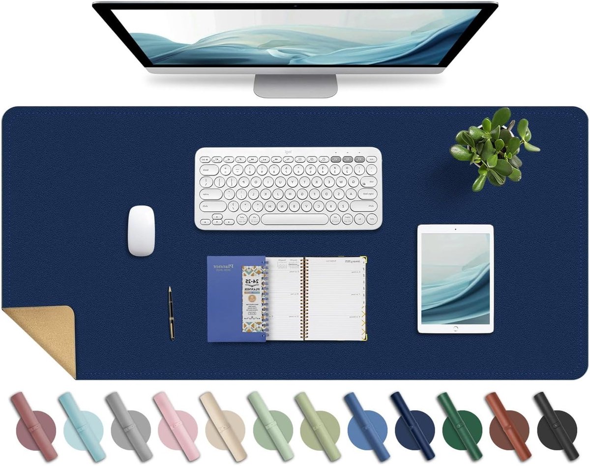 Grote Leren Bureau Mat - Waterdichte Ondergrond, Antislip Muismat en Schrijfbord voor Computer en Laptop (Donkerblauw, 90x43CM)