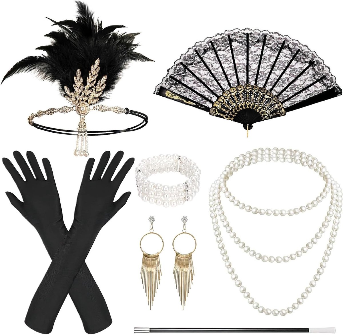 Complete 1920s Gatsby Kostuum Set met 9 Accessoires en Hoofdband voor Halloween en Feestjes