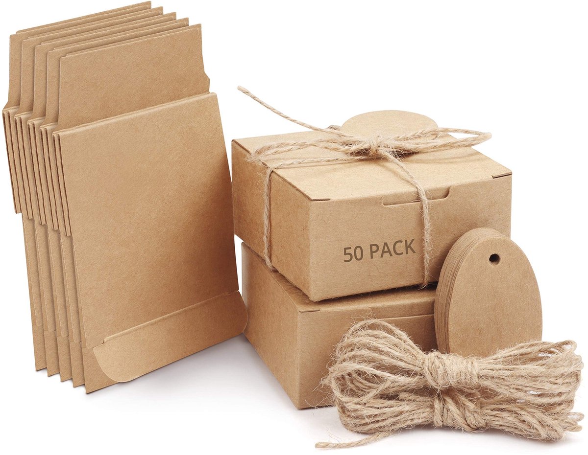 Dailygoods - Dailygoody - Bruine Kraftpapier Geschenkdozen - Set van 50 - Ideaal voor DIY Bruiloften en Feestjes - 7,5 x 7,5 x 3,5 cm - Inclusief Henneptouw en Bor
