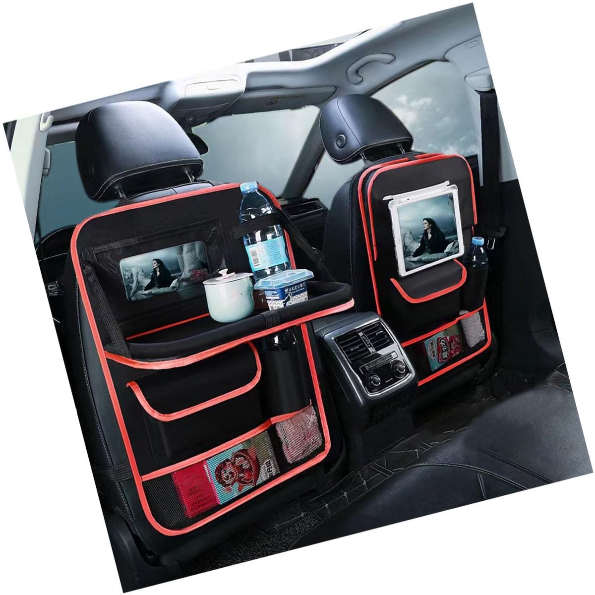 Dailygoods - Dailygoody - Opbergtas voor Autostoel - Achterbank Organizer - Grote Ruimte - Zwart en rood - Transparante Film - Geschikt voor Auto
