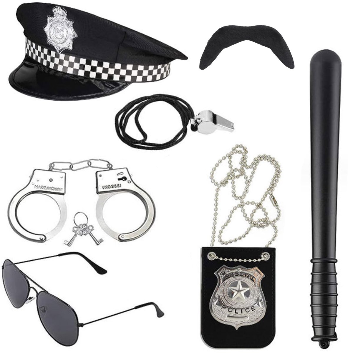 Dailygoods - Dailygoody - Politie Kostuum Accessoires - Kinderen en Volwassenen - 7 Stuks - Rollenspel - Hoed en Baton - Politie Kostuum - Wereldboek Dag - Uniseks