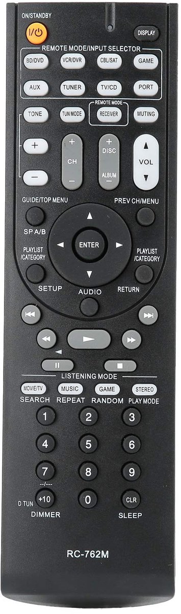Dailygoods - Dailygoody - RC 762M AV-ontvanger - Afstandsbediening - Vervangend model - Zwart - Geschikt voor Onkyo - Ideaal voor AV-ontvangers - Eenvoudig in