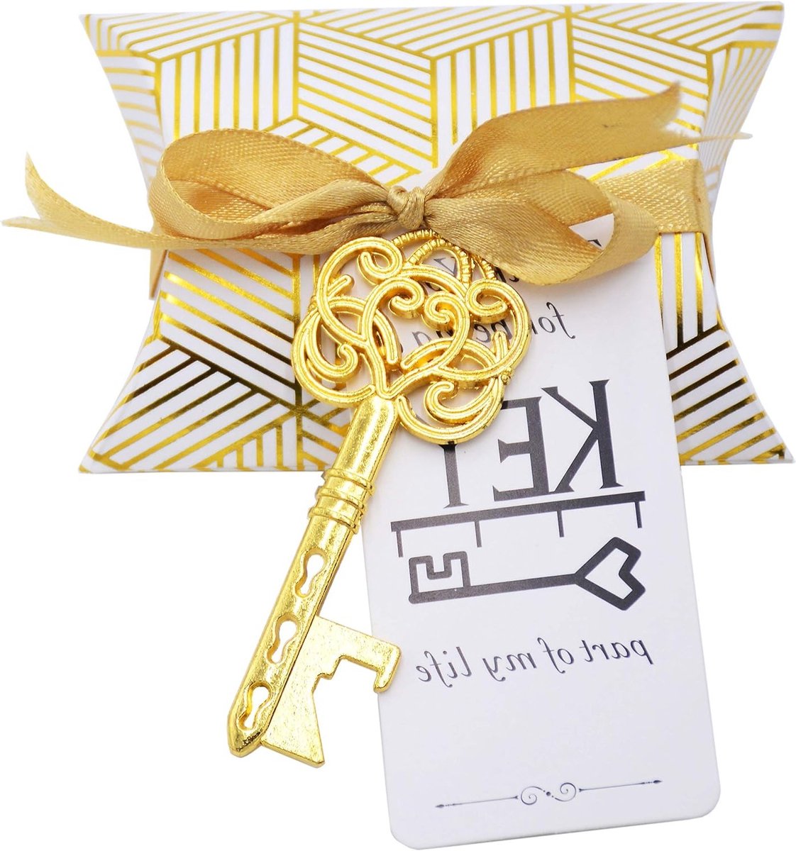 Vintage Rustieke Trouwen Cadeauset met Skeleton Sleutelhangers, Snoepdoos, Bedanklabels en Franse Ribbons in Antiek Goud - 50 Stuks
