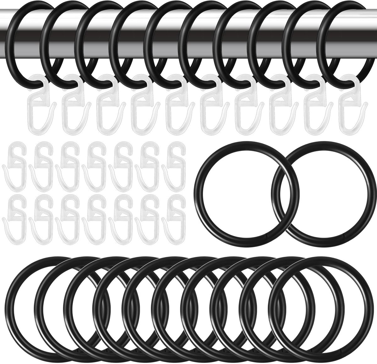 Dailygoody - Gordijnringen 30 Mm - Gordijnhaken Ringen - Zacht glijden - Zwart - Transparante haken - 40 stuks - Geschikt voor gordijnen en douchegord...