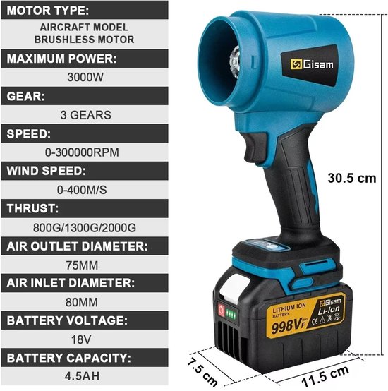 Gisam TurboJet Pro - Accu Bladblazer - 400 m/s - 300000 RPM - Borstelloze Motor - Incl. 2 Accu’s - Compatibel met Makita 18V van Gisam® — afbeelding 4