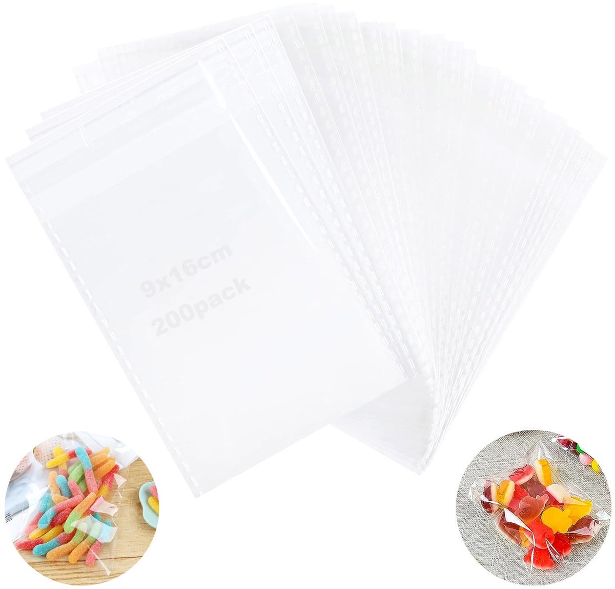 Dailygoody - Cellofaanzakjes - Transparante snoepzakjes - Zelfklevend - 9 x 16 cm - Kleine zakjes - Ideaal voor snoep en koekjes - 200 stuks