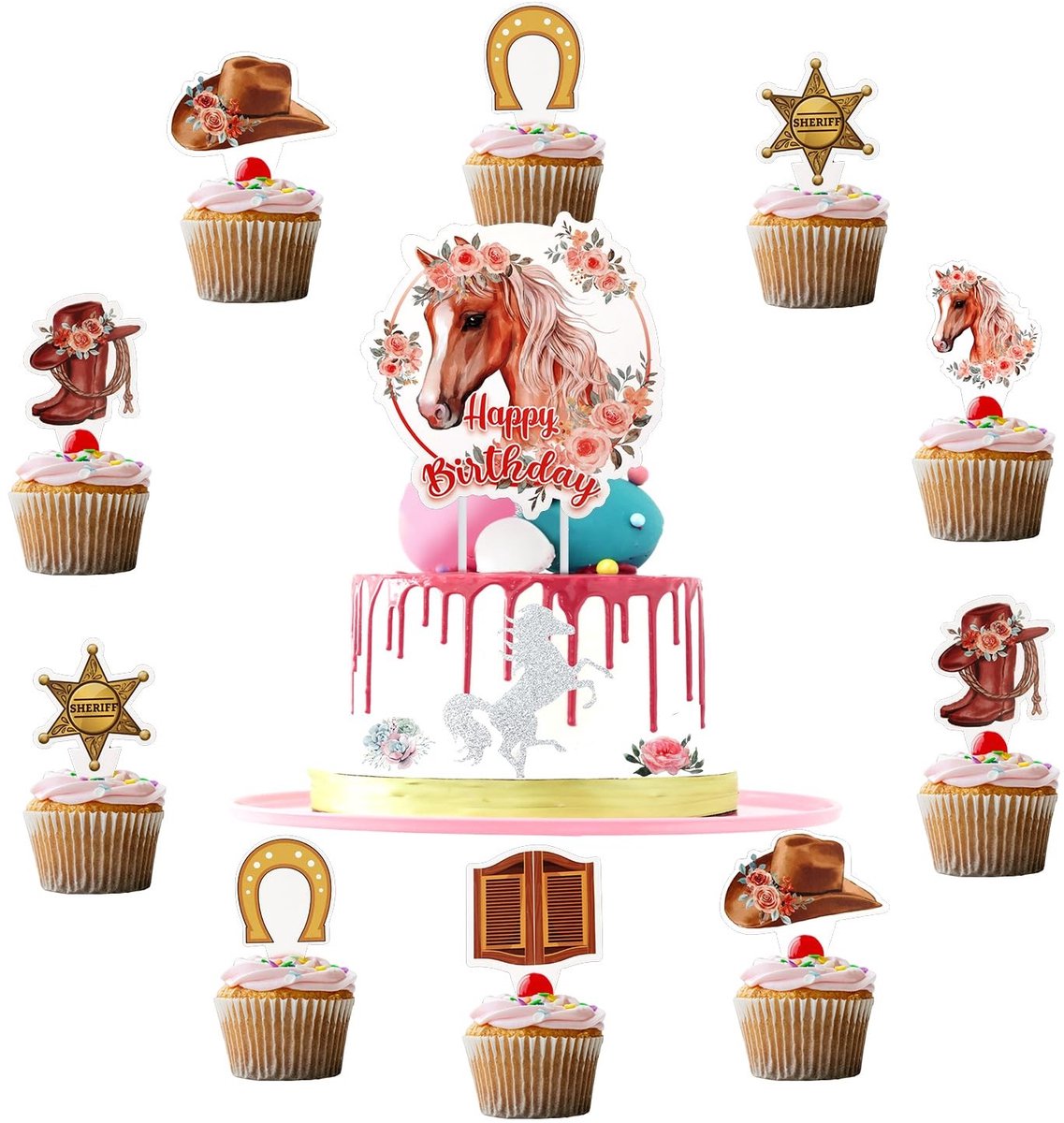 Dailygoody - Paard Taart Topper - Cowgirl Verjaardag Cupcake Toppers - 25 Stks - Taart Decoraties voor Verjaardagsfeestje - Paard Hoofd en Rijlaarzen
