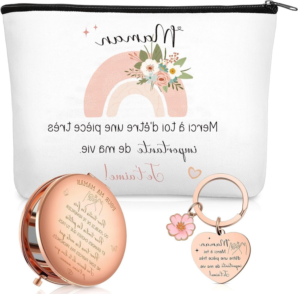 Mooie Cadeauset voor Moeders met Cosmetica Tas, Sleutelhanger in Hartvorm en Pocket Spiegel voor Verjaardag, Kerst en Moederdag