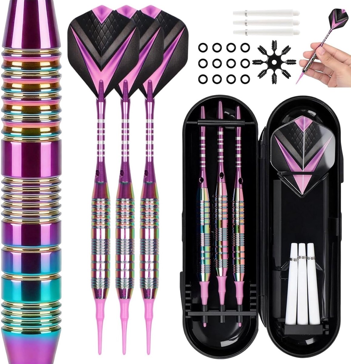 Set van 3 professionele darts met plastic punt, 21 g voor elektronische dartborden, inclusief opbergtas en zachte dartvleugels