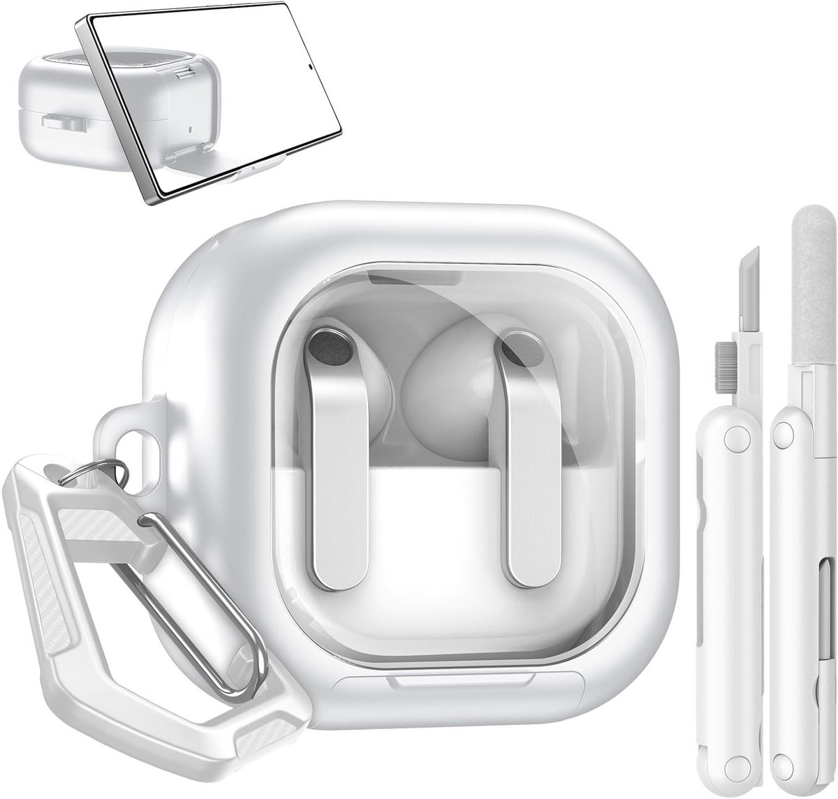 Heldere Beschermcase voor Galaxy Buds 4 en Buds 4 Pro met Veilige Sluiting, TPU Harde Schaal, Telefoonstandfunctie, Schoonmaakset en Sleutelhanger - Wit en Transparant
